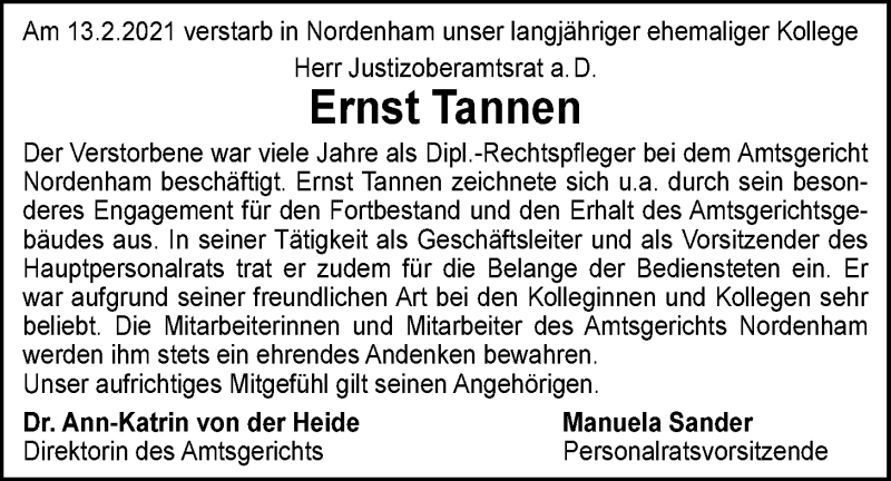  Traueranzeige für Ernst Tannen vom 18.02.2021 aus Nordwest-Zeitung