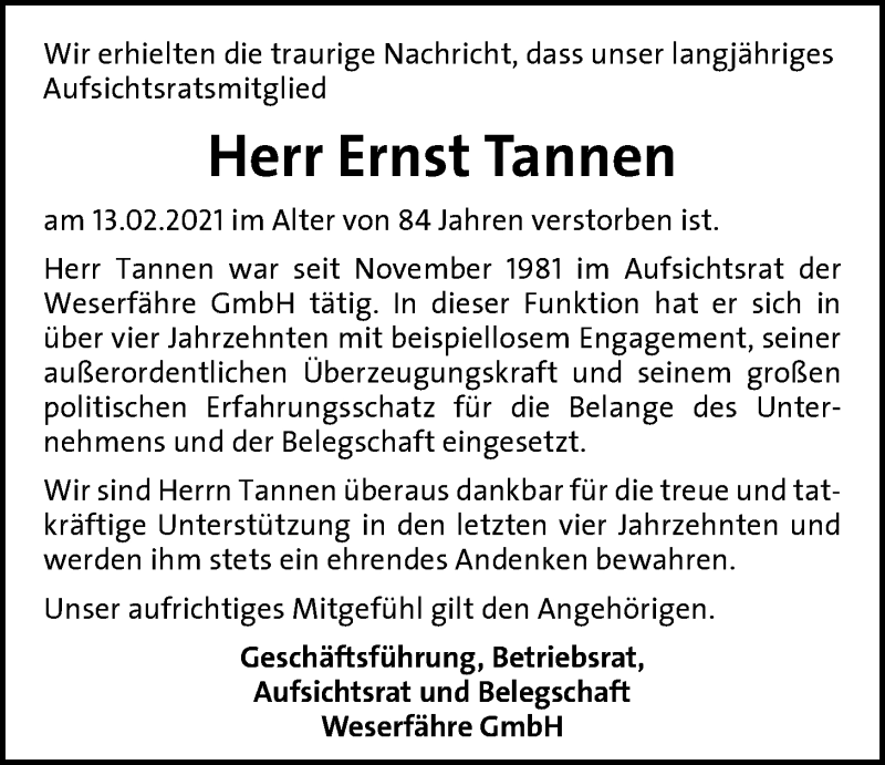  Traueranzeige für Ernst Tannen vom 19.02.2021 aus Nordwest-Zeitung