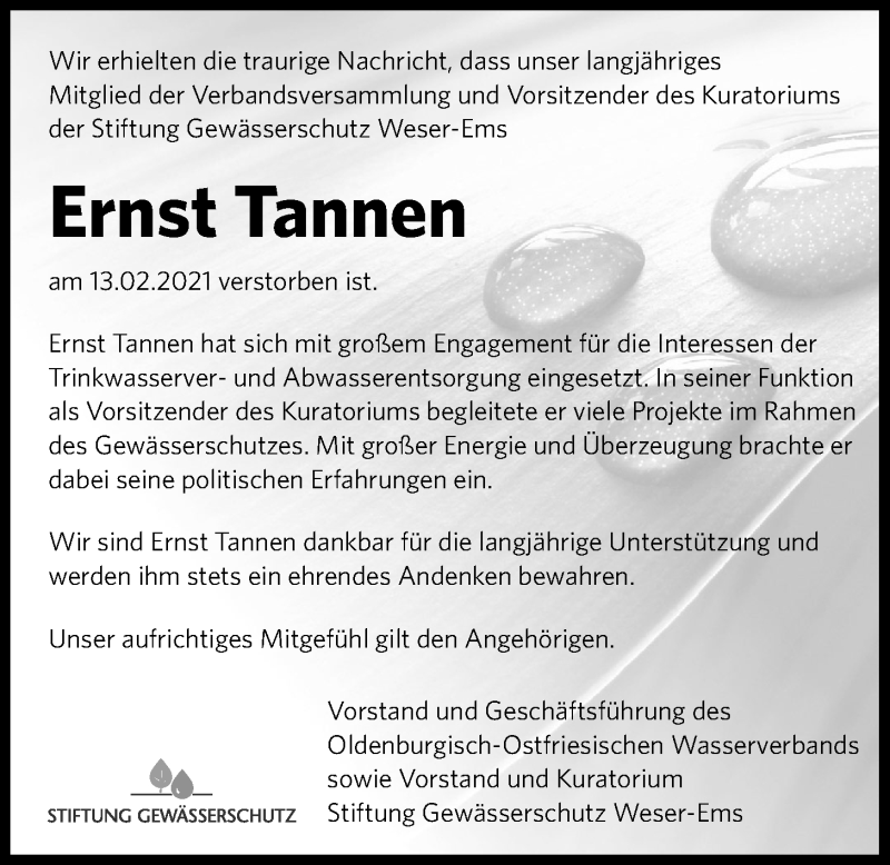  Traueranzeige für Ernst Tannen vom 27.02.2021 aus Nordwest-Zeitung