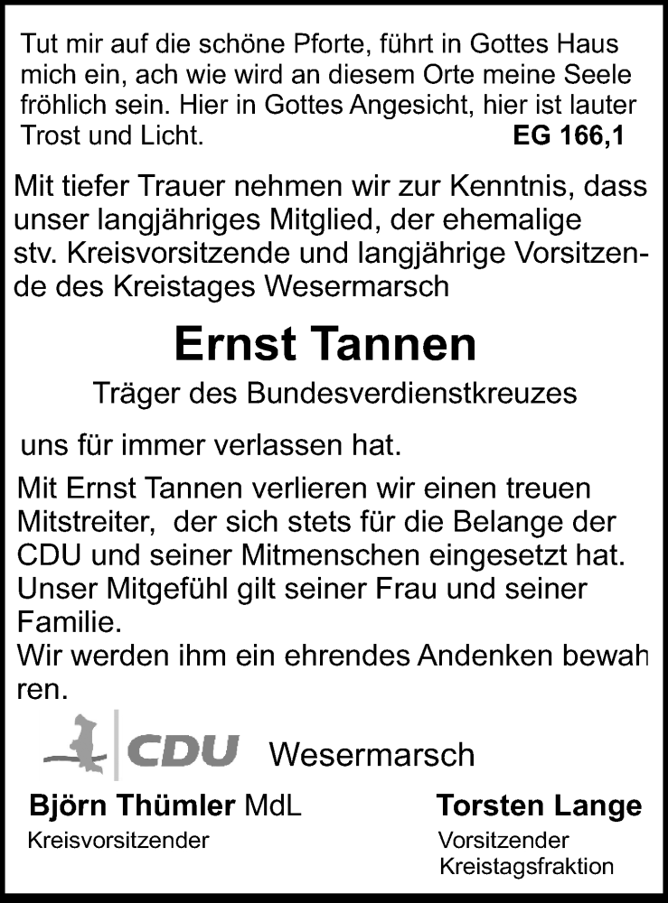  Traueranzeige für Ernst Tannen vom 17.02.2021 aus Nordwest-Zeitung