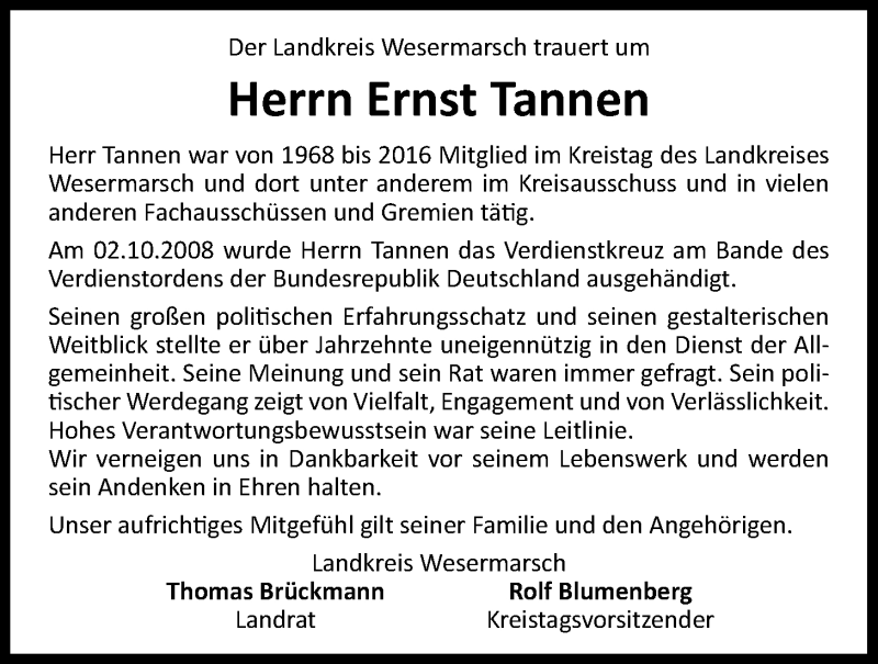  Traueranzeige für Ernst Tannen vom 18.02.2021 aus Nordwest-Zeitung
