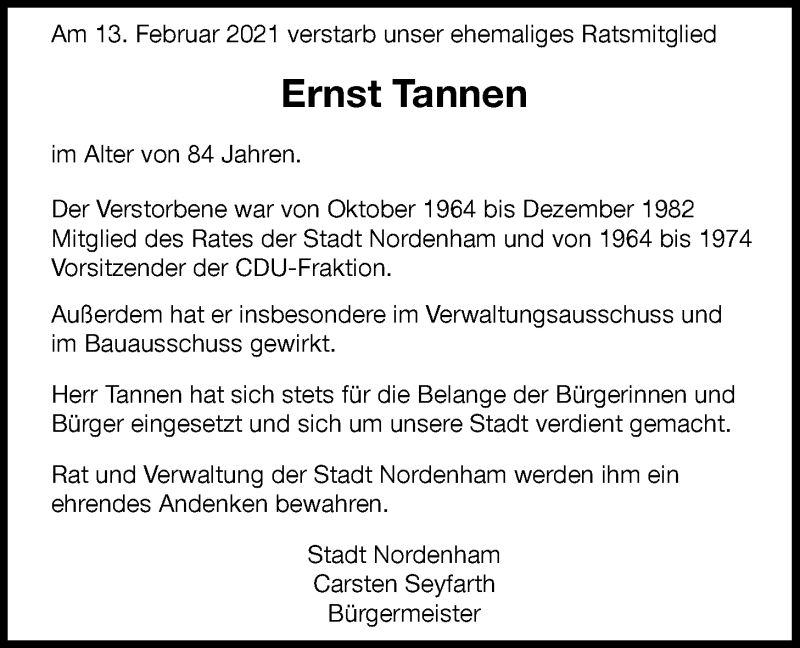  Traueranzeige für Ernst Tannen vom 19.02.2021 aus Nordwest-Zeitung