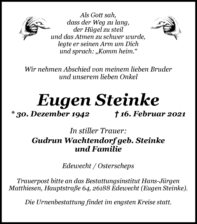  Traueranzeige für Eugen Steinke vom 20.02.2021 aus Nordwest-Zeitung