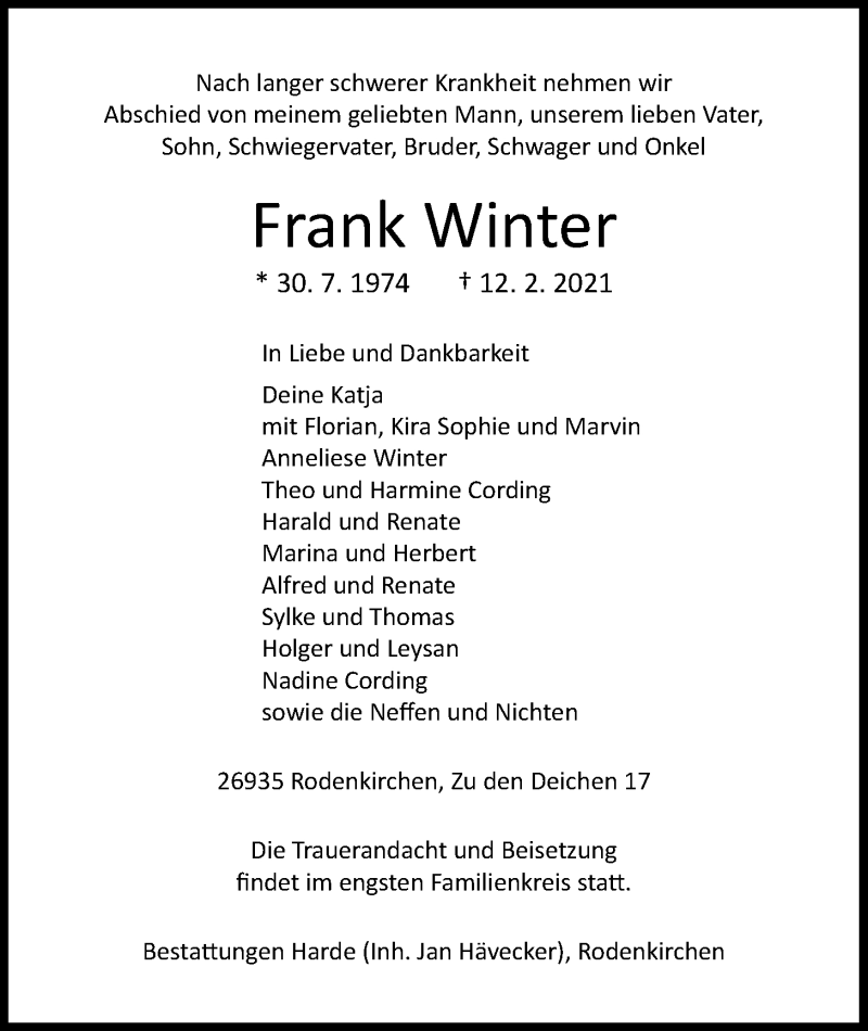  Traueranzeige für Frank Winter vom 16.02.2021 aus Nordwest-Zeitung