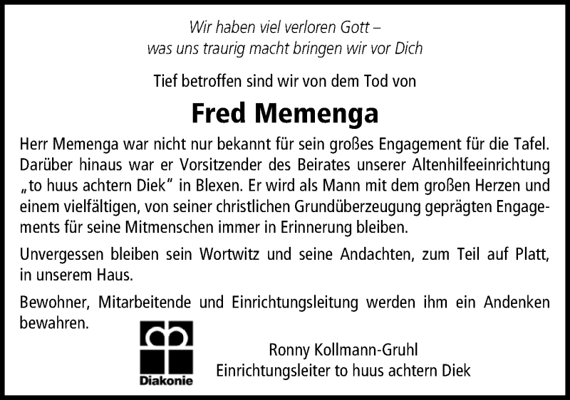  Traueranzeige für Fred Memenga vom 20.02.2021 aus Nordwest-Zeitung