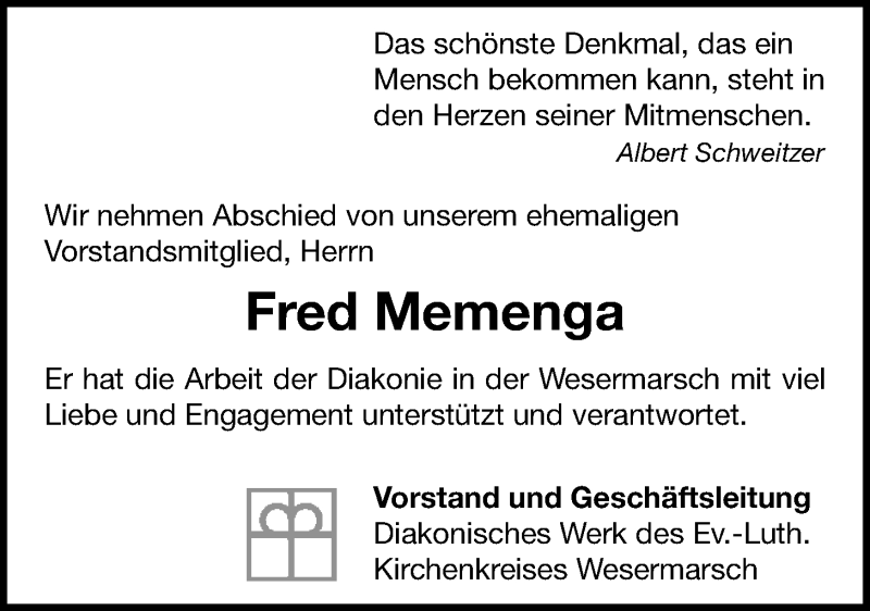  Traueranzeige für Fred Memenga vom 18.02.2021 aus Nordwest-Zeitung