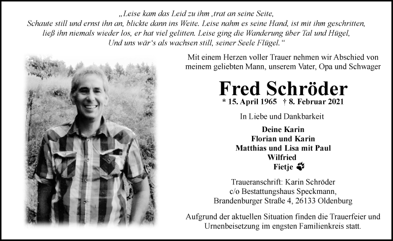  Traueranzeige für Fred Schröder vom 13.02.2021 aus Nordwest-Zeitung
