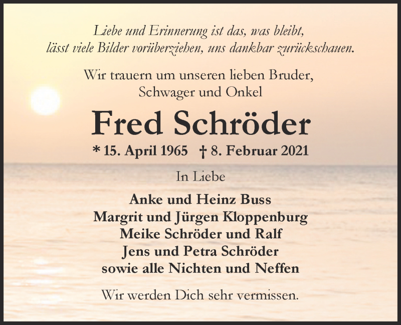  Traueranzeige für Fred Schröder vom 13.02.2021 aus Nordwest-Zeitung