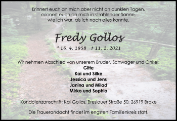 Traueranzeige von Fredy Gollos von Nordwest-Zeitung