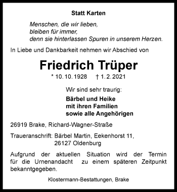 Traueranzeige von Friedrich Trüper von Nordwest-Zeitung