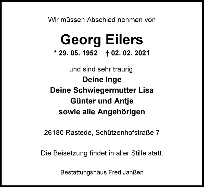  Traueranzeige für Georg Eilers vom 06.02.2021 aus Nordwest-Zeitung