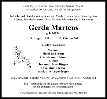Traueranzeige von Gerda Martens von Nordwest-Zeitung