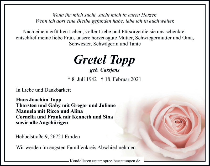  Traueranzeige für Gretel Topp vom 20.02.2021 aus Emder Zeitung