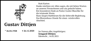 Traueranzeige von Gustav Dittjen von Nordwest-Zeitung