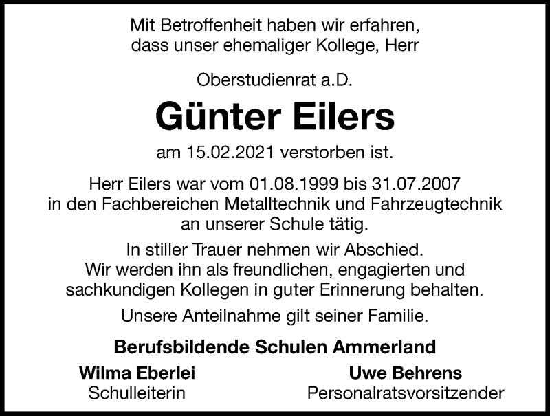  Traueranzeige für Günter Eilers vom 24.02.2021 aus Nordwest-Zeitung