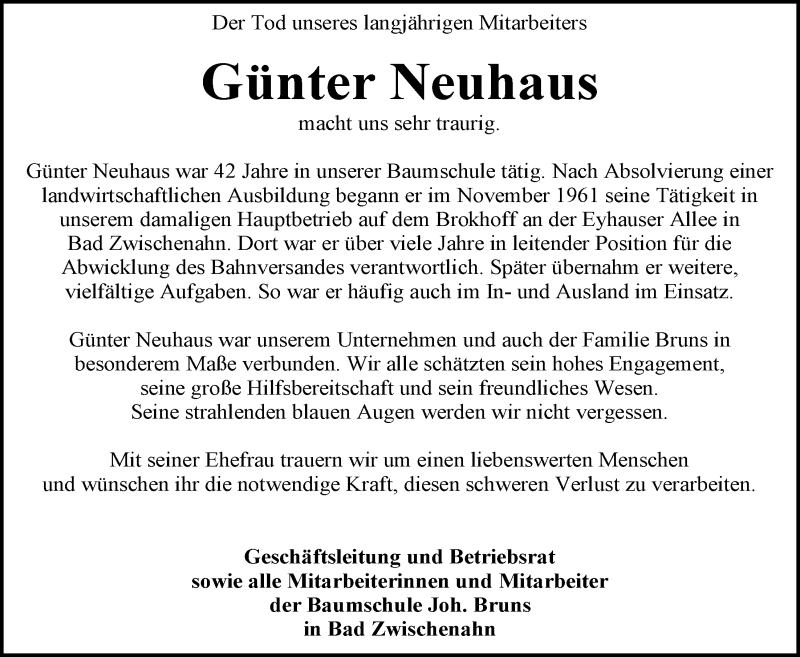  Traueranzeige für Günter Neuhaus vom 23.02.2021 aus Nordwest-Zeitung