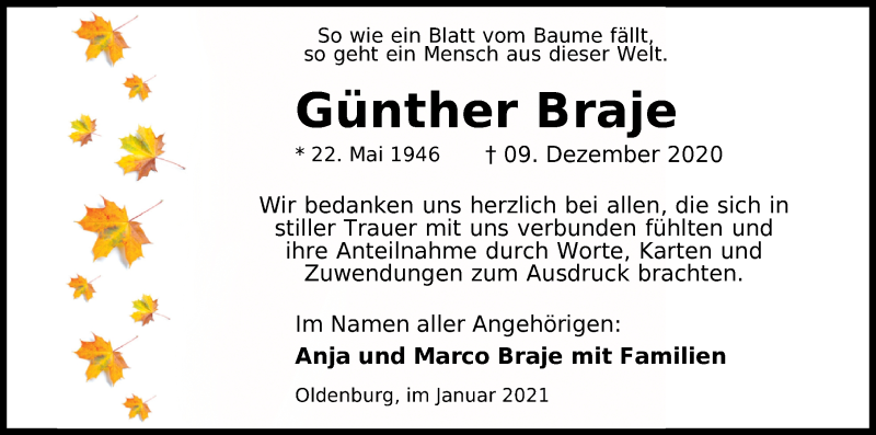  Traueranzeige für Günther Braje vom 06.02.2021 aus Nordwest-Zeitung