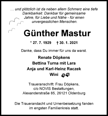 Traueranzeige von Günther Mastur von Nordwest-Zeitung