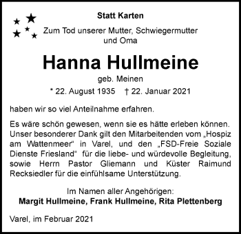 Traueranzeige von Hanna Hullmeine von Nordwest-Zeitung