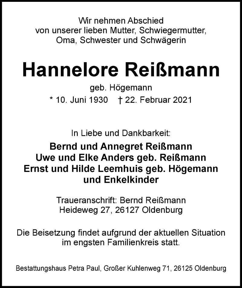  Traueranzeige für Hannelore Reißmann vom 27.02.2021 aus Nordwest-Zeitung