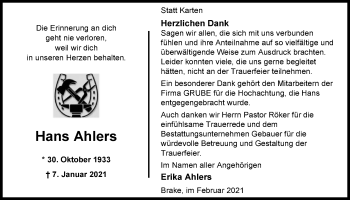 Traueranzeige von Hans Ahlers von Nordwest-Zeitung