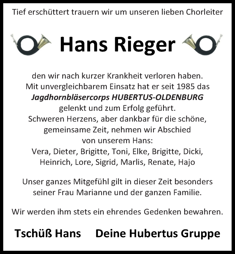  Traueranzeige für Hans Rieger vom 13.02.2021 aus Nordwest-Zeitung