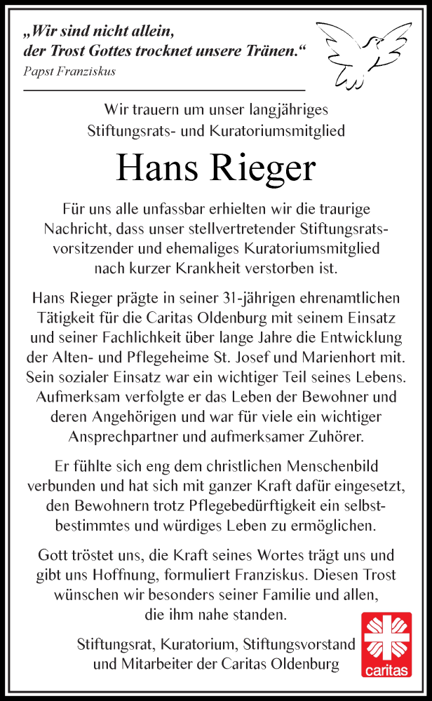  Traueranzeige für Hans Rieger vom 13.02.2021 aus Nordwest-Zeitung