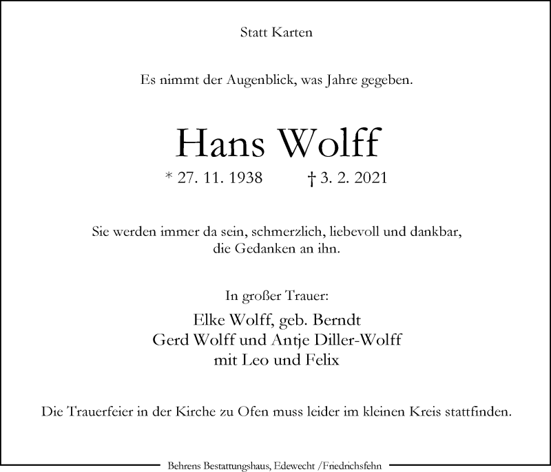  Traueranzeige für Hans Wolff vom 13.02.2021 aus Nordwest-Zeitung