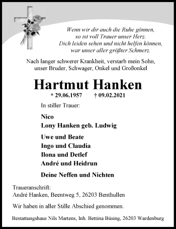 Traueranzeige von Hartmut Hanken von Nordwest-Zeitung