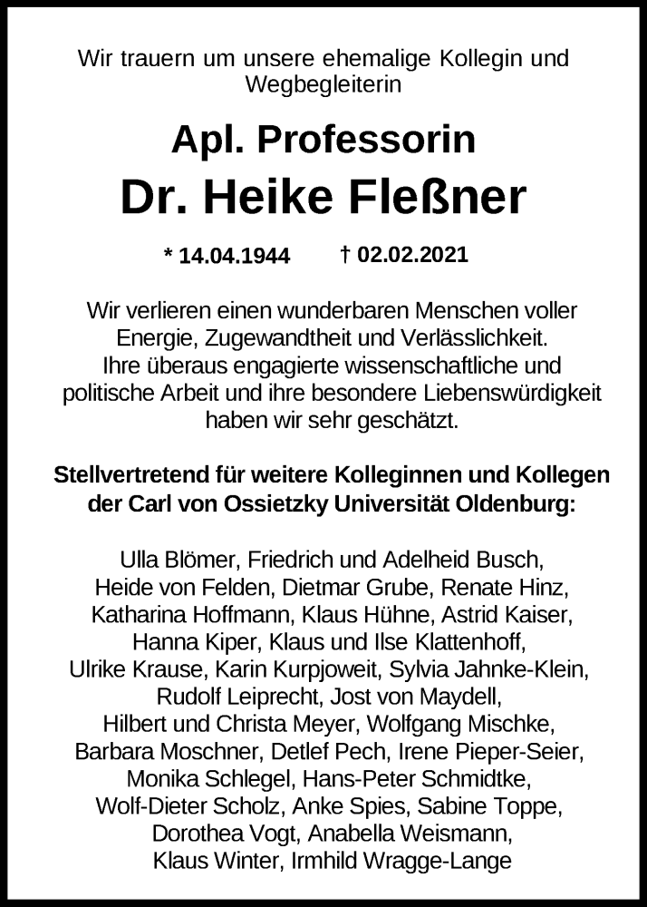  Traueranzeige für Heike Fleßner vom 06.02.2021 aus Nordwest-Zeitung