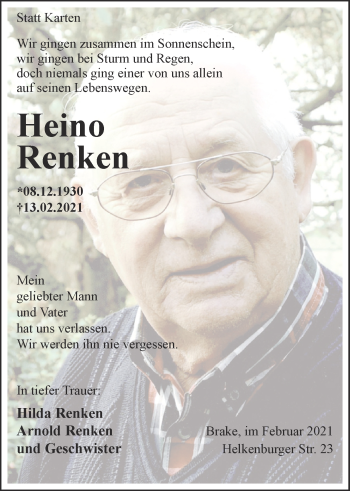 Traueranzeige von Heino Renken von Nordwest-Zeitung