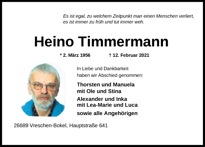  Traueranzeige für Heino Timmermann vom 19.02.2021 aus Nordwest-Zeitung