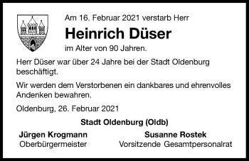 Traueranzeige von Heinrich Düser von Nordwest-Zeitung