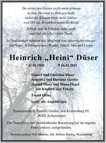 Traueranzeige von Heinrich Düser von Nordwest-Zeitung