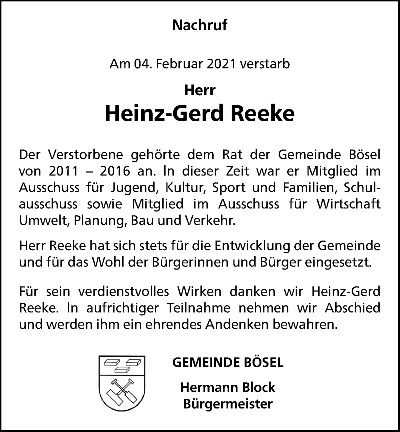  Traueranzeige für Heinz-Gerd Reeke vom 09.02.2021 aus Nordwest-Zeitung