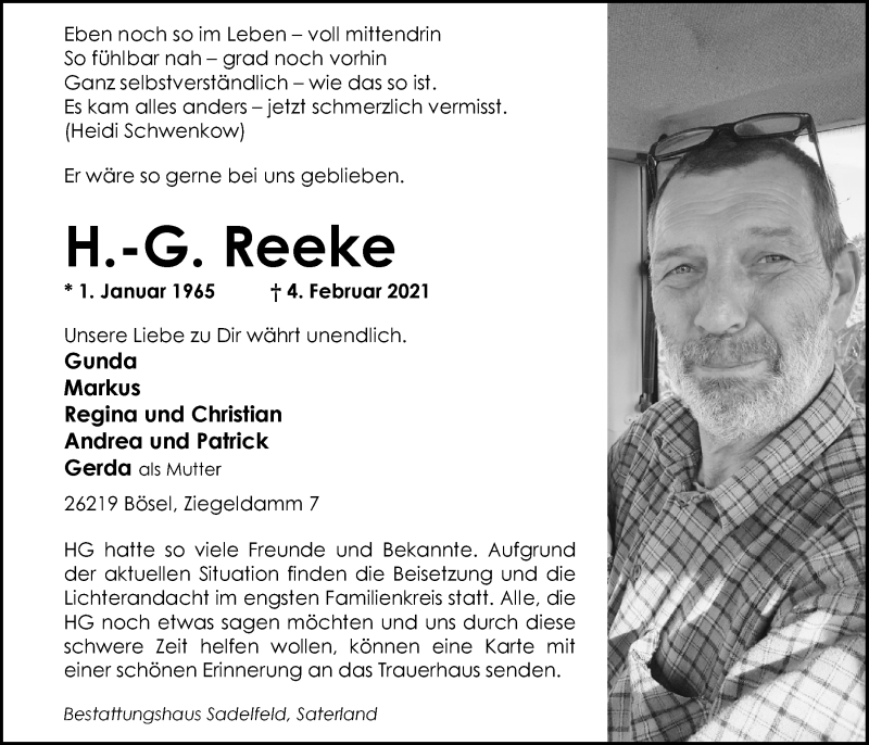  Traueranzeige für Heinz-Gerd Reeke vom 06.02.2021 aus Nordwest-Zeitung
