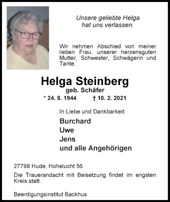 Traueranzeige von Helga Steinberg von Nordwest-Zeitung