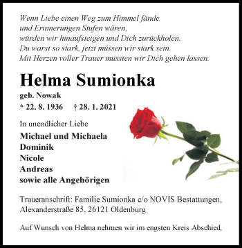 Traueranzeige von Helma Sumionka von Nordwest-Zeitung