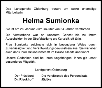Traueranzeige von Helma Sumionka von Nordwest-Zeitung