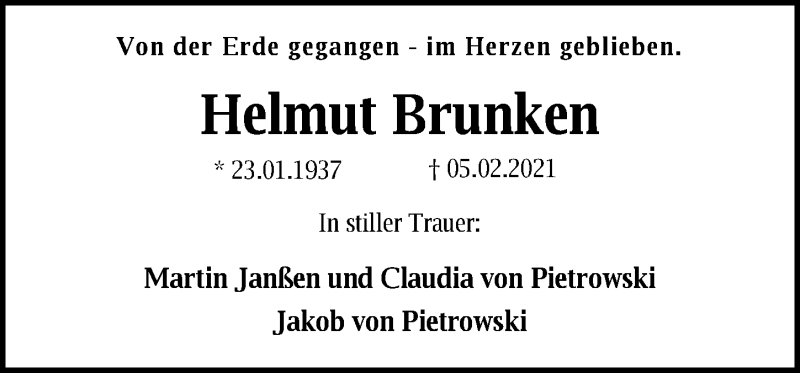  Traueranzeige für Helmut Brunken vom 13.02.2021 aus Nordwest-Zeitung
