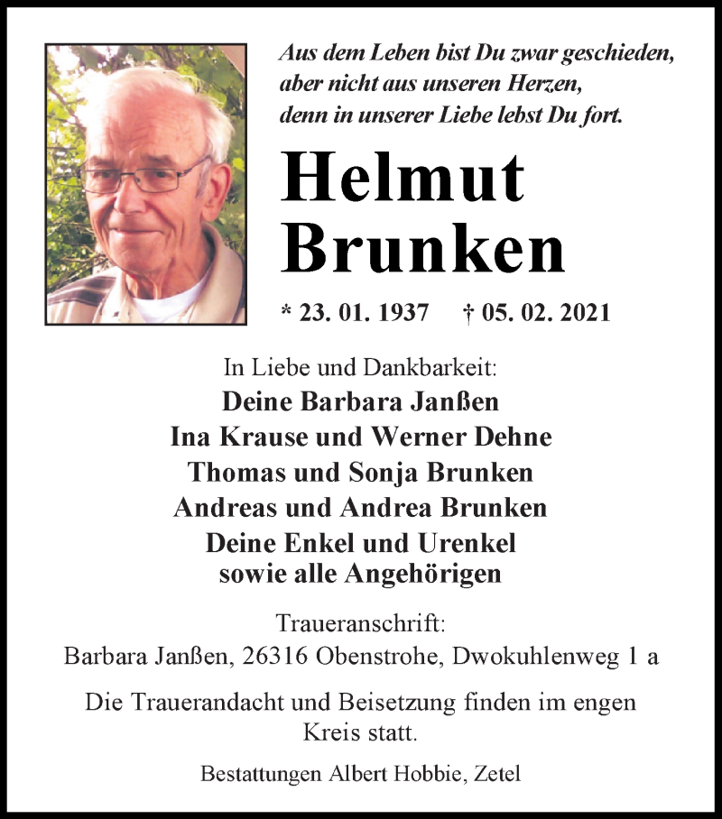  Traueranzeige für Helmut Brunken vom 13.02.2021 aus Nordwest-Zeitung