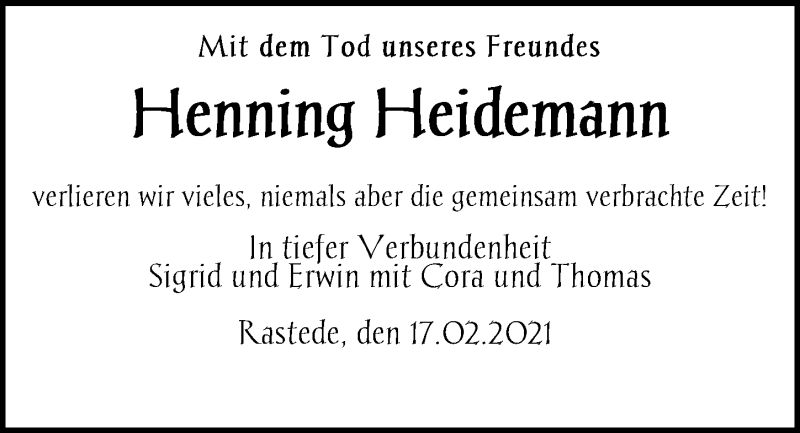  Traueranzeige für Henning Heidemann vom 20.02.2021 aus Nordwest-Zeitung