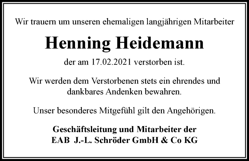  Traueranzeige für Henning Heidemann vom 23.02.2021 aus Nordwest-Zeitung
