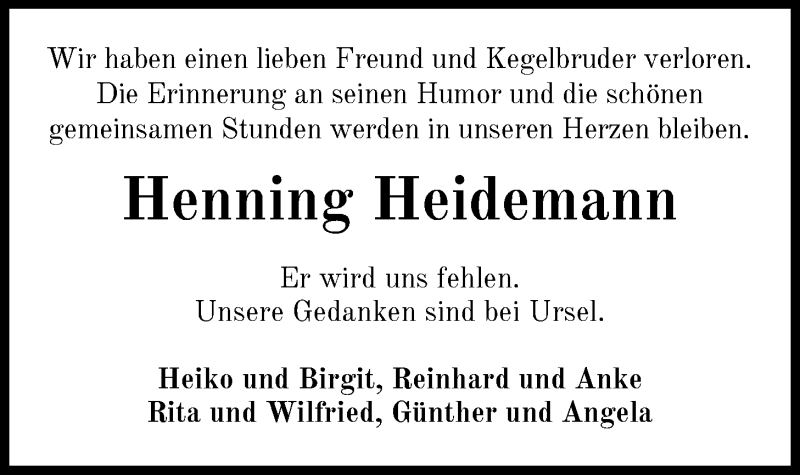  Traueranzeige für Henning Heidemann vom 23.02.2021 aus Nordwest-Zeitung