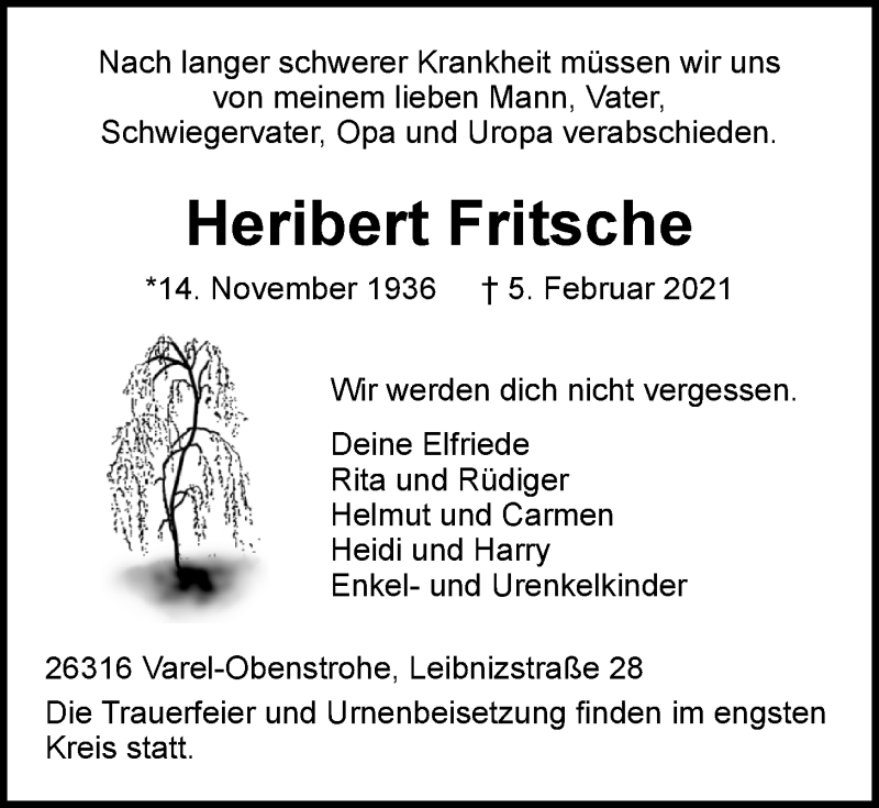  Traueranzeige für Heribert Fritsche vom 23.02.2021 aus Nordwest-Zeitung