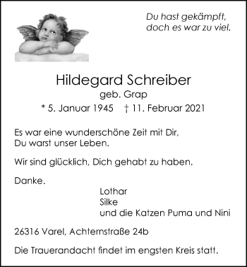 Traueranzeige von Hildegard Schreiber von Nordwest-Zeitung
