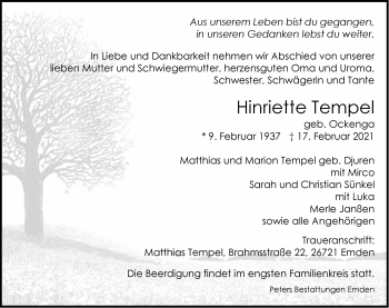 Traueranzeige von Hinriette Tempel von Emder Zeitung