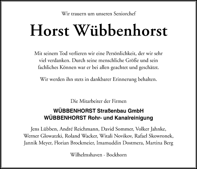  Traueranzeige für Horst Wübbenhorst vom 25.02.2021 aus Nordwest-Zeitung