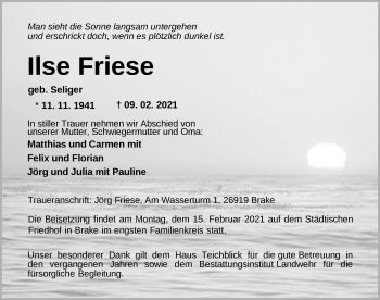 Traueranzeige von Ilse Friese von Nordwest-Zeitung