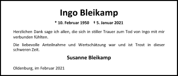 Traueranzeige von Ingo Bleikamp von Nordwest-Zeitung